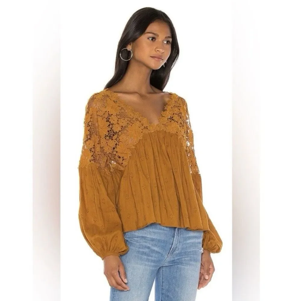 Free People Lina Lace Top Bronze XS Crochet Boho Romantic Long Sleeve Blouse